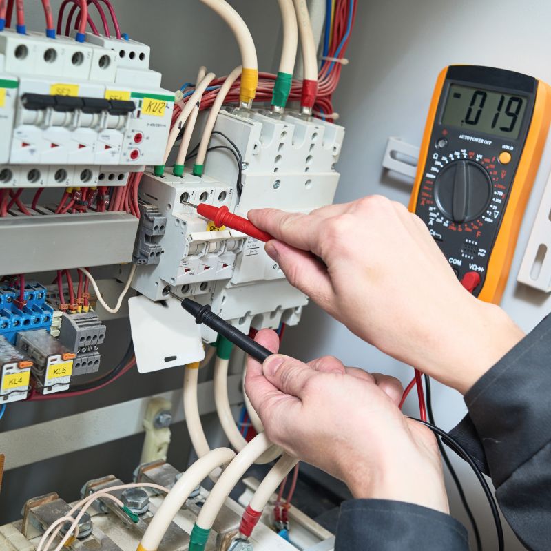Licensed electrician testing breakers in an electrical panel with a digital multimeter